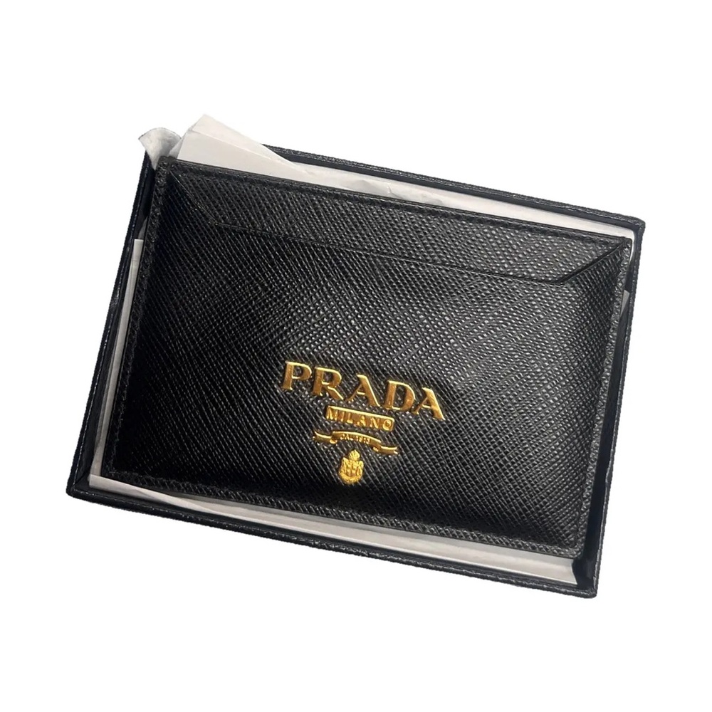 Prada Black Leather Card Holder with Gold Signature Logo